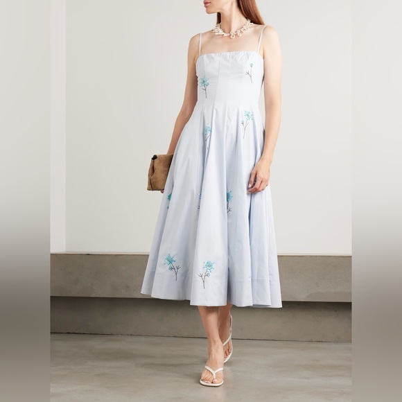 Staud 0 Wylie Embellished Light Blue Midi Dress Cotton Blend - Picture 1 of 13